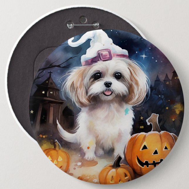 Bóton Redondo 15.24cm Halloween Malti Tzu Com Pumpkins Assustado (Frente & Verso)