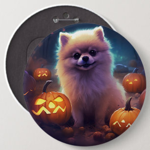 Bóton Redondo 15.24cm Halloween Pomeranian Com Pumpkins Assustado