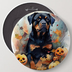 Bóton Redondo 15.24cm Halloween Rottweiler Com Pumpkins Assustado