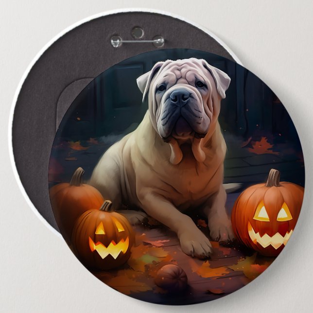 Bóton Redondo 15.24cm Halloween Shar Pei Com Pumpkins Assustado (Frente & Verso)