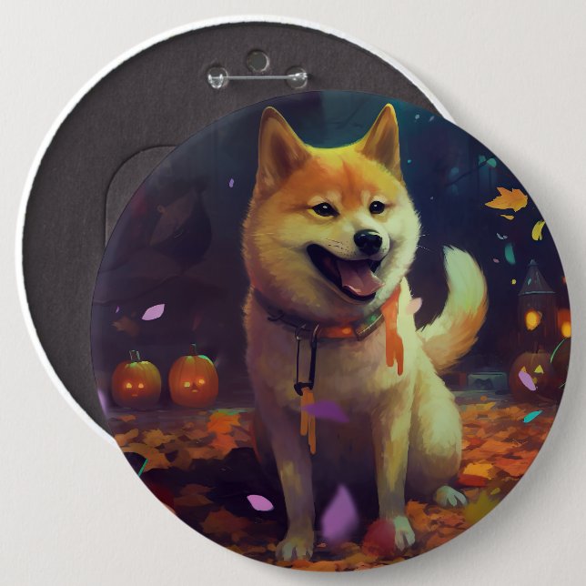 Bóton Redondo 15.24cm Halloween Shiba Inu Com Pumpkins Assustado (Frente & Verso)