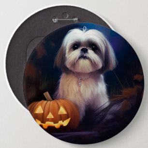 Bóton Redondo 15.24cm Halloween Shih Tzu Com Pumpkins Assustado
