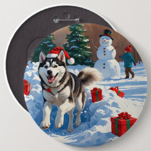 Bóton Redondo 15.24cm Husky Siberiano Correndo na Neve com Chapéu de Nat