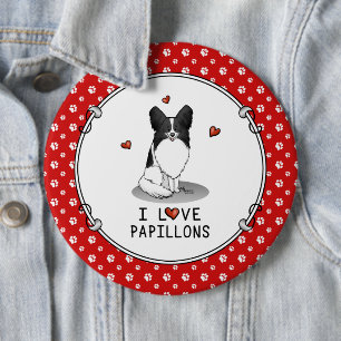 Bóton Redondo 15.24cm I Love Papillons (branco e preto) Hearts Dogs Cute