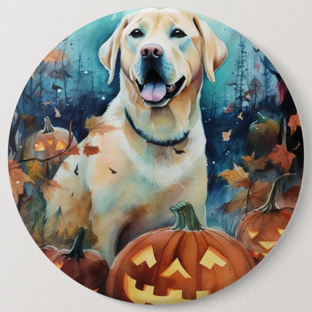 Bóton Redondo 15.24cm Labrador de Halloween com Abóboras Assustadoras (Frente)