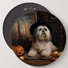 Bóton Redondo 15.24cm Lhasa Apso Abóboras Dia das Bruxas Assustador