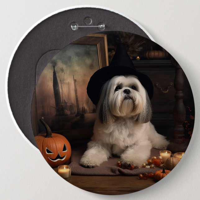 Bóton Redondo 15.24cm Lhasa Apso Pumpkins Halloween Scary (Frente & Verso)