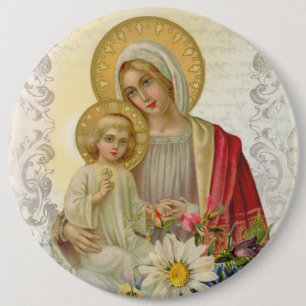 Bóton Redondo 15.24cm Mãe abençoada vintage Mary Jesus do Virgin flora