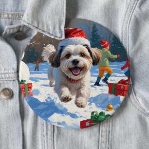 Bóton Redondo 15.24cm Malti Tzu Correndo na Neve com Chapéu de Natal