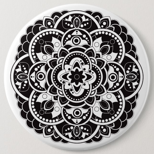 Bóton Redondo 15.24cm Mandala preto e branco (Frente)