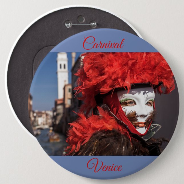 Bóton Redondo 15.24cm Máscara de carnaval vermelha em Veneza, Itália (Frente & Verso)