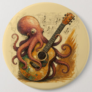 Bóton Redondo 15.24cm Octopus Tocando Violão Vintage Música Arte