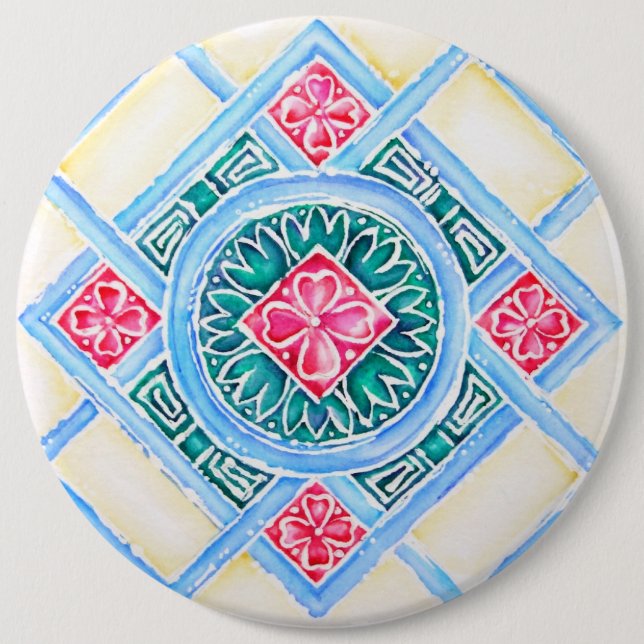 Bóton Redondo 15.24cm Peranakan - Azulejo Geométrico Redonda (Frente)