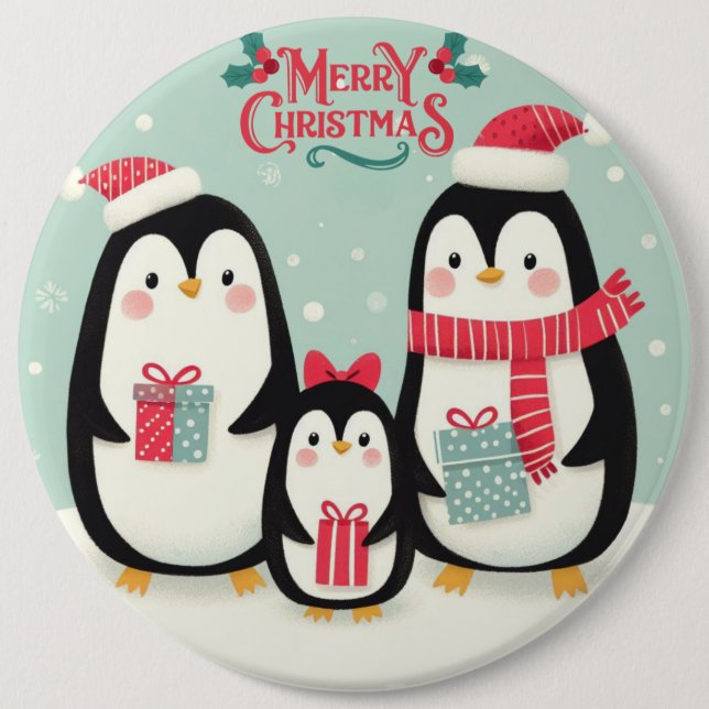 Bóton Redondo 15.24cm Pinguins de neve de Natal feliz (Frente)