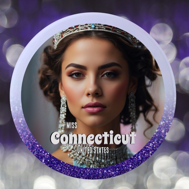 Bóton Redondo 15.24cm Pino do Botão de Paginação Personalizado Glitz de  (Delightfully dazzling, this pageant button features a purple border to highlight your photo and text)