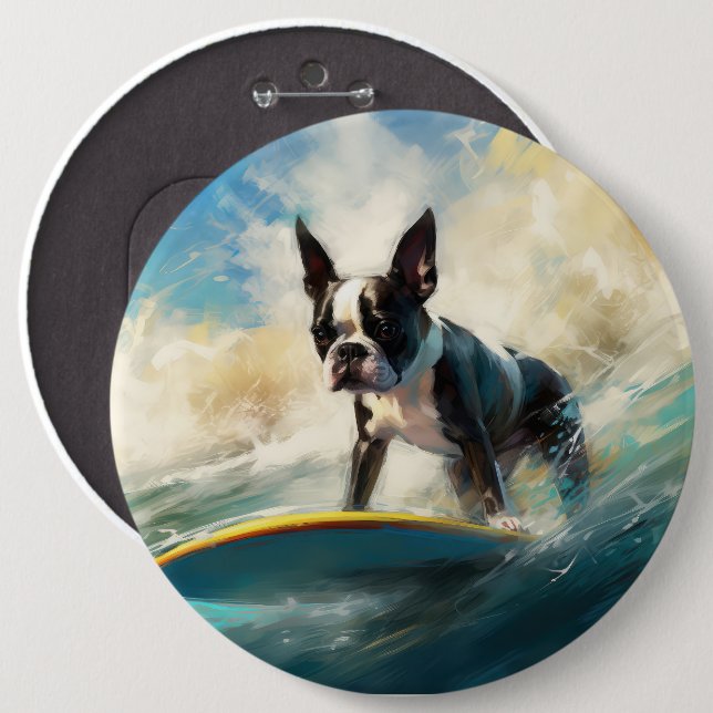 Bóton Redondo 15.24cm Pintura de surf em Boston Terrier Beach (Frente & Verso)