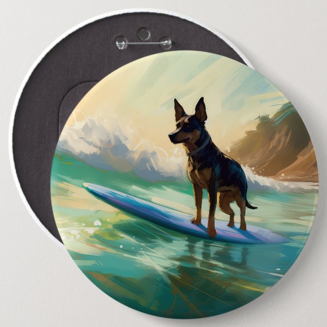 Bóton Redondo 15.24cm Pintura de surf em praia australiana Kelpie (Frente & Verso)