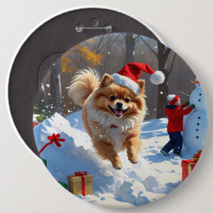 Bóton Redondo 15.24cm Pomerânia Correndo na Neve com Chapéu de Natal