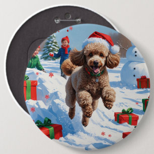 Bóton Redondo 15.24cm Poodle Correndo na Neve com Chapéu de Natal