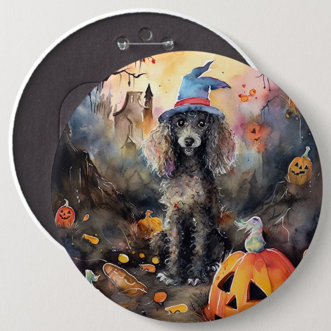 Bóton Redondo 15.24cm Poodle Halloween Com Pumpkins Assustado (Frente & Verso)