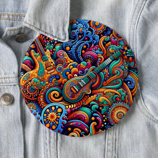 Bóton Redondo 15.24cm Psychedelic Batik Guitar Arte Colorida Música Retr (In Situ)