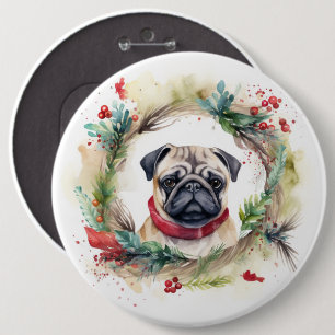 Bóton Redondo 15.24cm Pug Christmas Wreath Festivo Pup