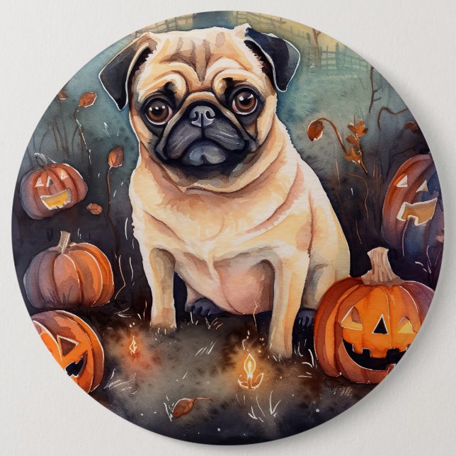 Bóton Redondo 15.24cm Pug De Halloween Com Pumpkins Assustado (Frente)