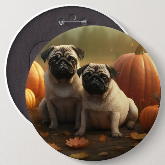Bóton Redondo 15.24cm Pug Puppy Autumn Delight Pumpkin (Frente & Verso)