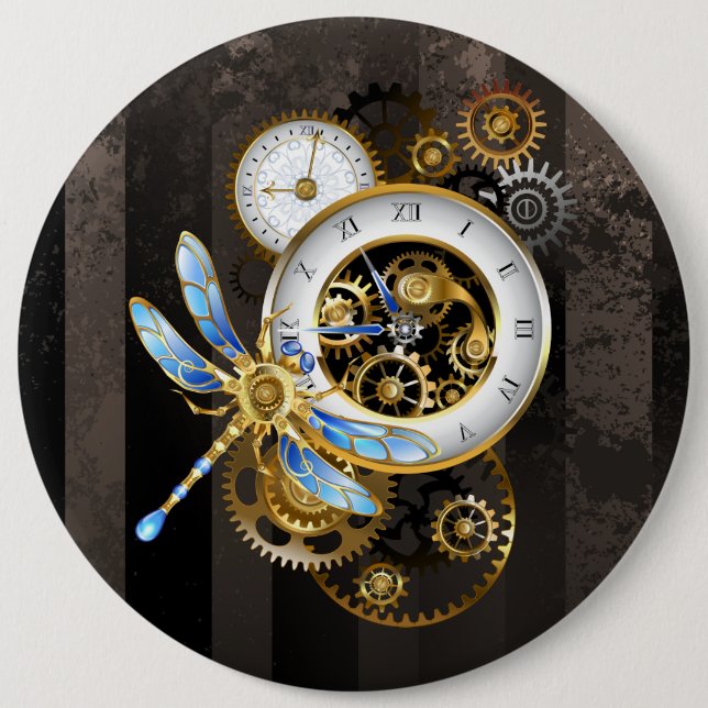 Bóton Redondo 15.24cm Relógio Steampunk com Dragonfly Mecânica (Frente)