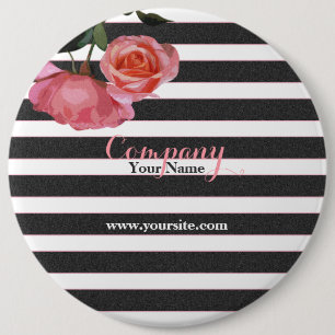 Bóton Redondo 15.24cm Rosa Floral Black & White Stripes - Botão