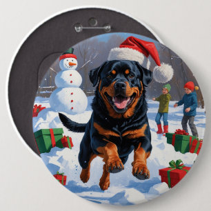 Bóton Redondo 15.24cm Rottweiler Correndo na Neve com Chapéu de Natal