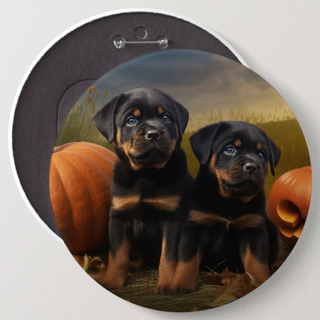 Bóton Redondo 15.24cm Rottweiler Puppy Autumn - Pumpkin (Frente & Verso)