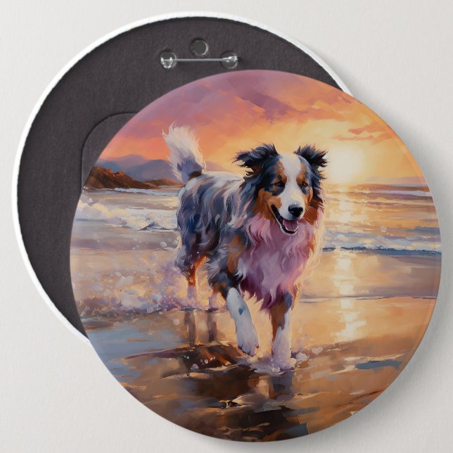 Bóton Redondo 15.24cm Sandy Australian Shepherd Dog on Beach Sunset (Frente & Verso)