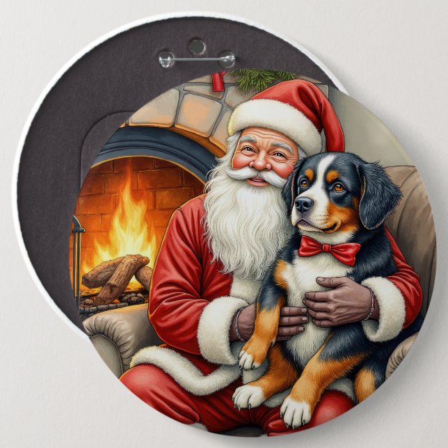 Bóton Redondo 15.24cm Santa Claus Holding Bernese Mountain Dog Christmas (Frente & Verso)