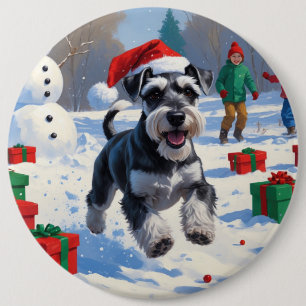 Bóton Redondo 15.24cm Schnauzer Correndo na Neve com Chapéu de Natal
