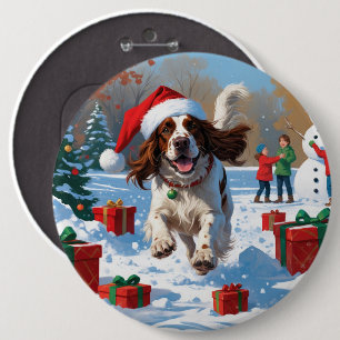 Bóton Redondo 15.24cm Setter Inglês Correndo na Neve com Chapéu de Natal