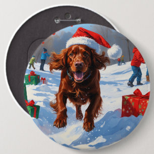 Bóton Redondo 15.24cm Setter Vermelho Irlandês Correndo na Neve com Chap