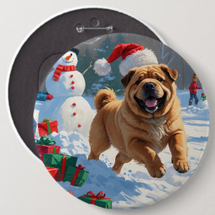 Bóton Redondo 15.24cm Shar Pei Correndo na Neve com Chapéu de Natal