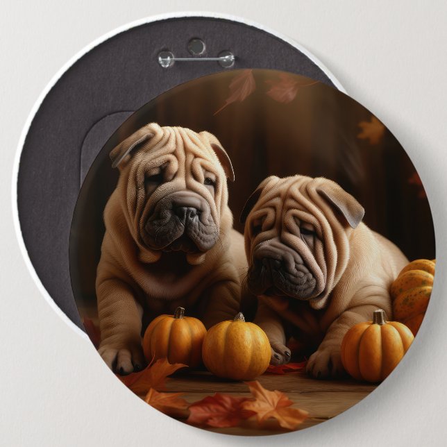 Bóton Redondo 15.24cm Shar Pei Puppy Autumn Delight Pumpkin (Frente & Verso)