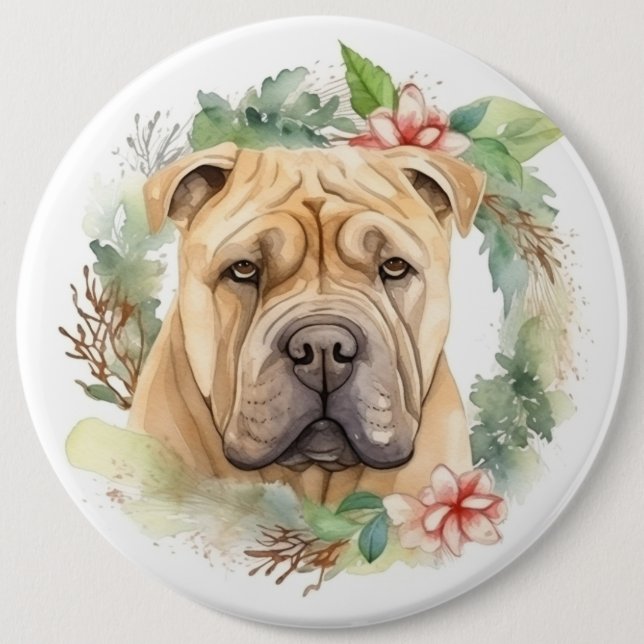 Bóton Redondo 15.24cm Shar Pei Wreath Christmas Festivo Pup (Frente)