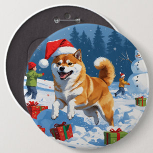 Bóton Redondo 15.24cm Shiba Inu correndo em neve com chapéu de Natal