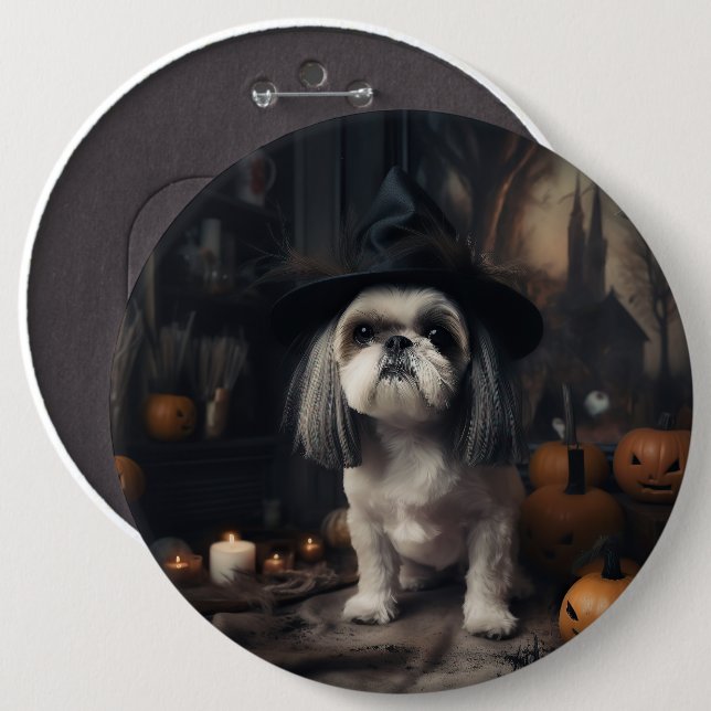 Bóton Redondo 15.24cm Shih Tzu Pumpkins Halloween Scary (Frente & Verso)