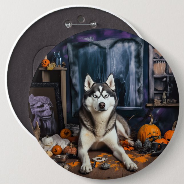 Bóton Redondo 15.24cm Siberian Husky Pumpkins Halloween Scary (Frente & Verso)