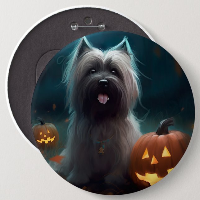 Bóton Redondo 15.24cm Skye Terrier de Halloween com Abóboras Assustadora (Frente & Verso)