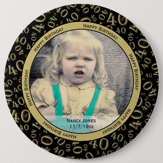 Bóton Redondo 15.24cm Sua Foto:  40º Padrão de Número Dourado e Preto (Frente)