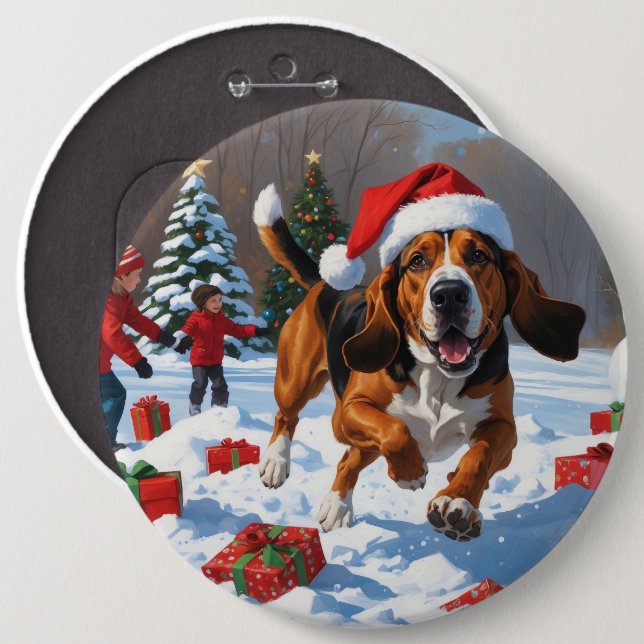 Bóton Redondo 15.24cm Treeing Walker Coonhound Neve com Chapéu de Natal (Frente & Verso)
