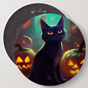 Bóton Redondo 15.24cm Tuxedo Gato De Halloween Com Pumpkins Assustado