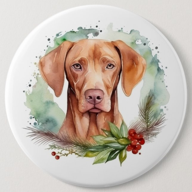 Bóton Redondo 15.24cm Vizsla Christmas Wreath Festivo Pup (Frente)