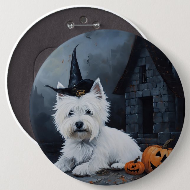 Bóton Redondo 15.24cm West Highland White Terrier Pumpkin Halloween (Frente & Verso)