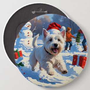 Bóton Redondo 15.24cm Westie Correndo na Neve com Chapéu de Natal